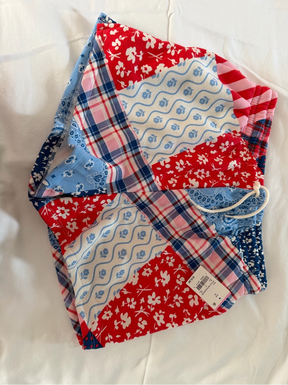 Patchwork Drawstring Bag in Red, Blue & White
